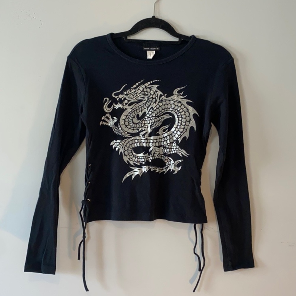 vintage black+silver glitter print dragon top